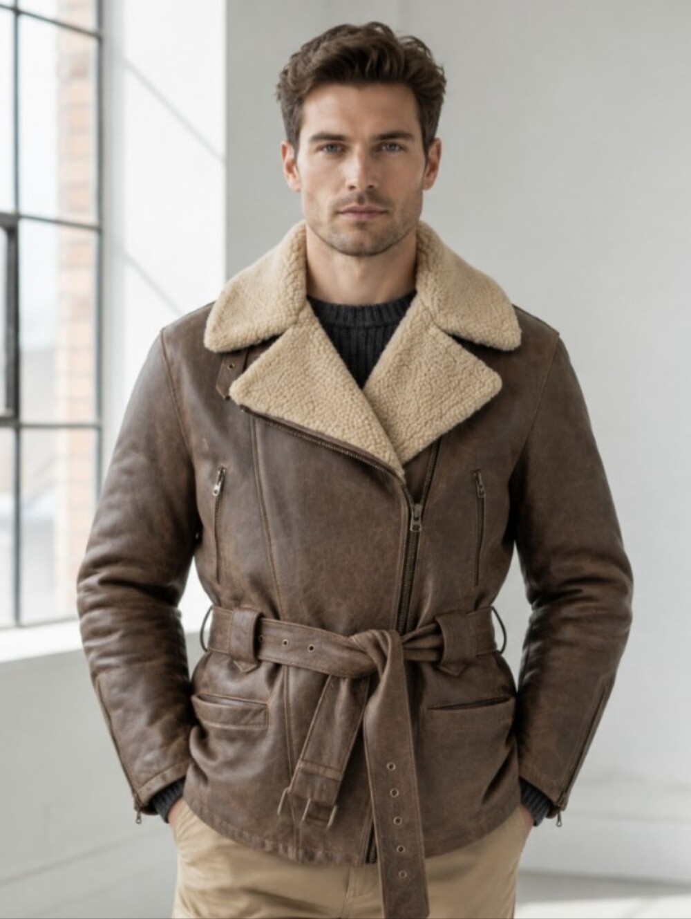 WINLIT! DEEP COCOA BROWN GENUINE LEATHER, DISTRESSED LOOK SHERPA LINED JACKET! S
